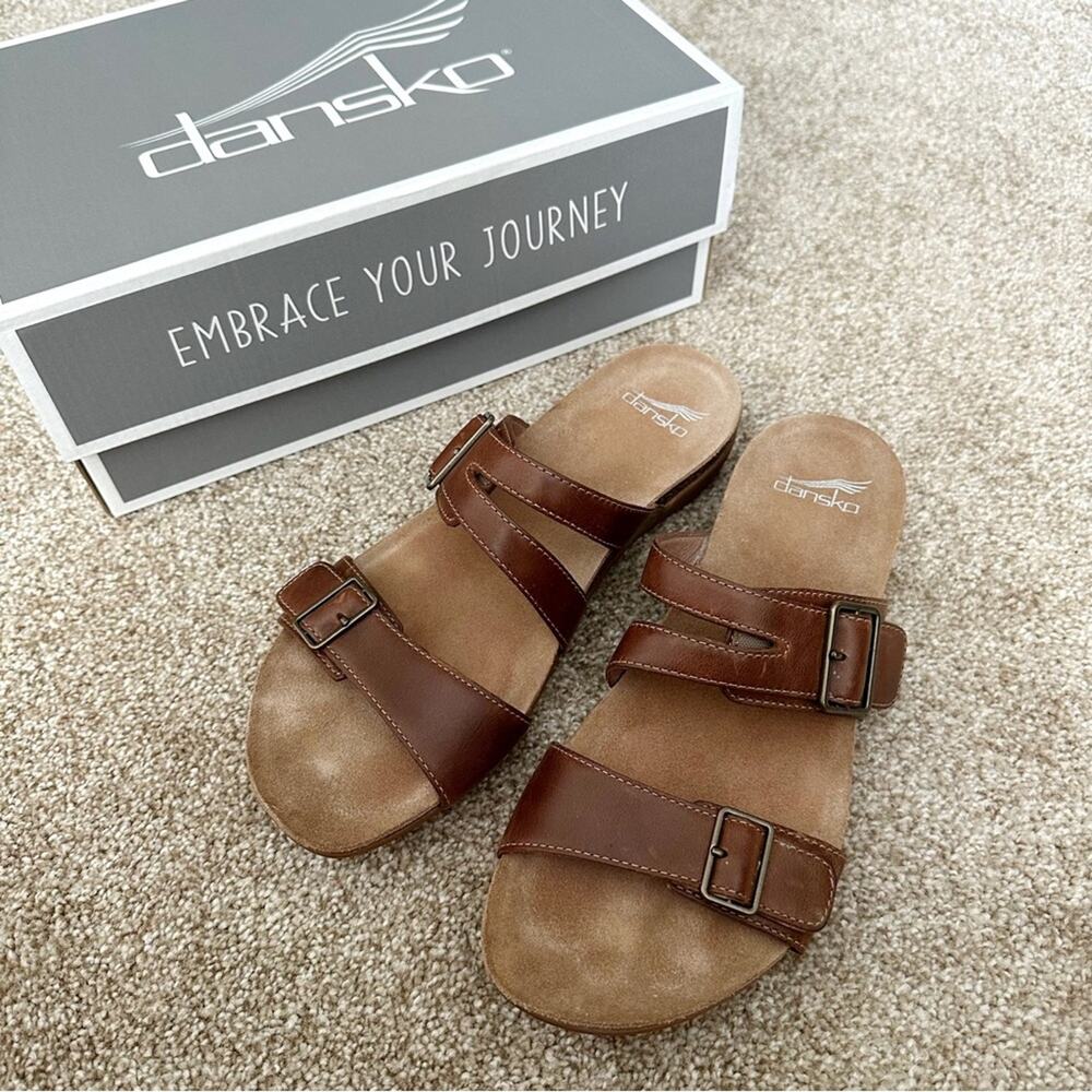 Dansko Rosie Waxy Burnished Tan Chestnut Leather Slide Sandals Size 40 9.5/10